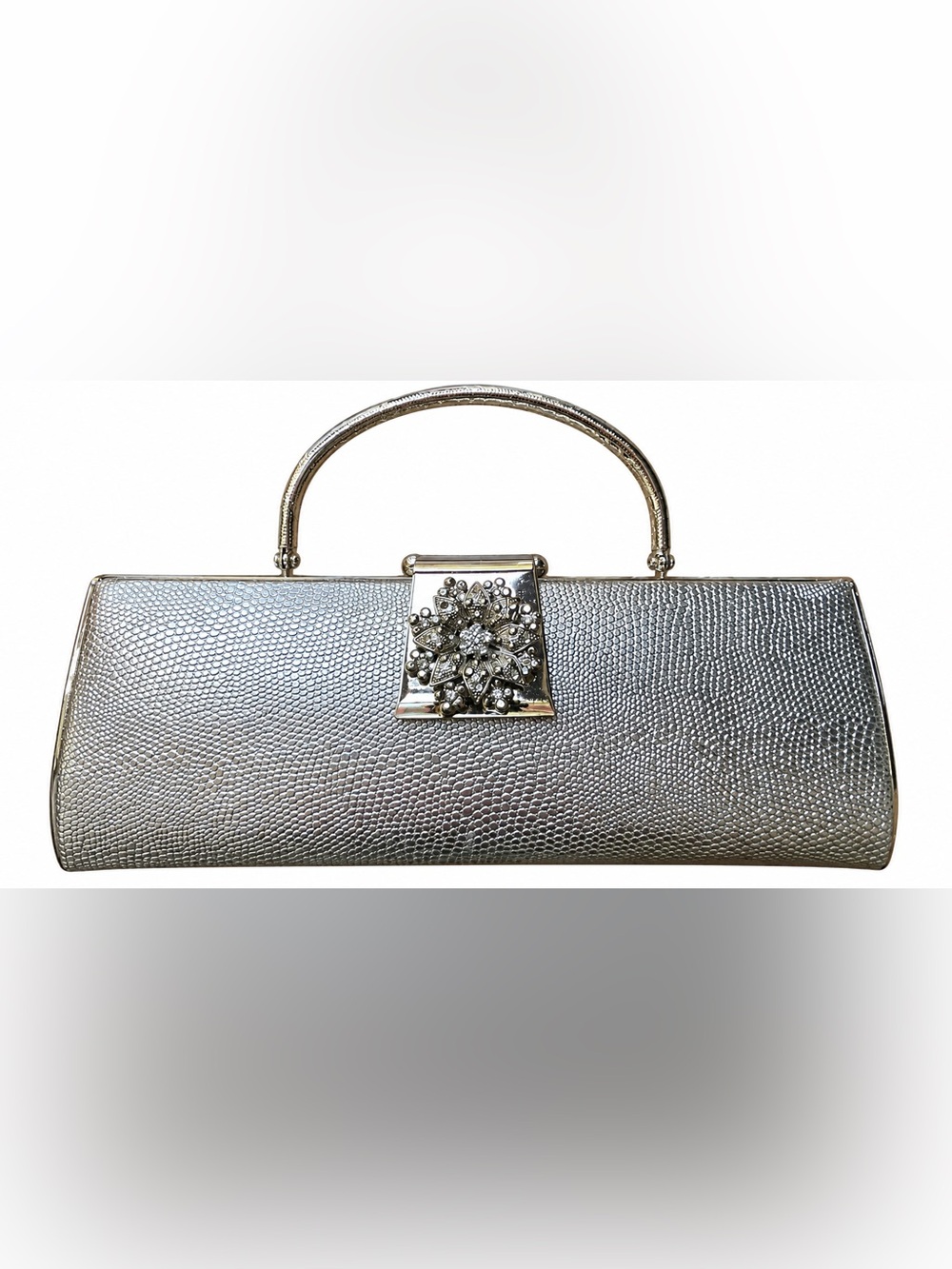Heavy Silver Metallic Pebble Box Clutch Rhinestone Starburst Handle